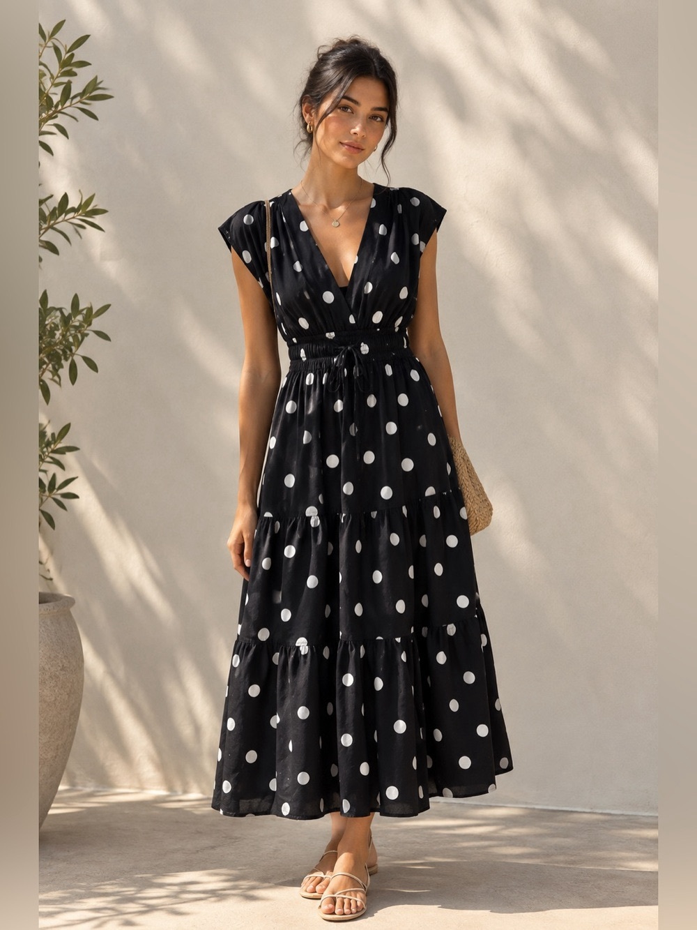 Nicole Miller Black Polka Dot V-Neck Tiered Maxi Dress